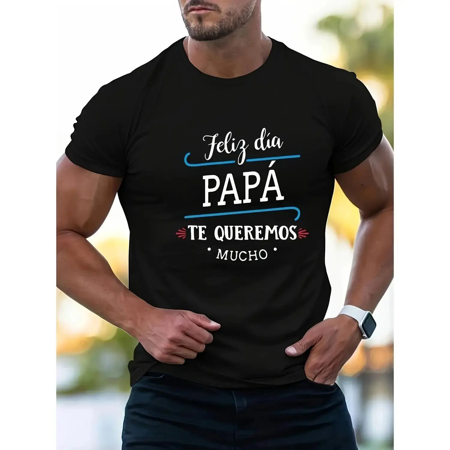 Men's Black Vivid Feliz Dia Papa Print Sports Top - Sweat-Absorbing Short-Sleeve Sporty Chic Casual Wear T-Shirt with Detailed Sizing (S-3XL), Customizable Menswear, Vivid Print, Male, Holiday Gifts, Regular Fit, Round Neck, Multi-Size, All Over Print, Pe