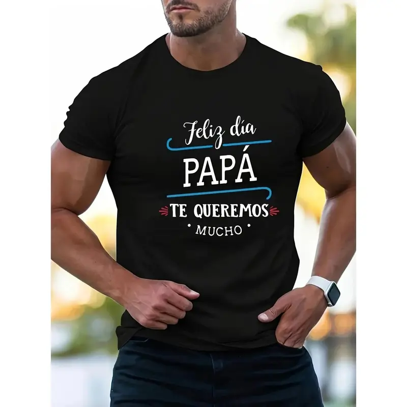 Home Break Men's Black Cotton T Shirt with Feliz Dia Papa Spanish Father Print Sweat Absorbing Comfortable Short Sleeve for Daily Wear External Work and Casual Style