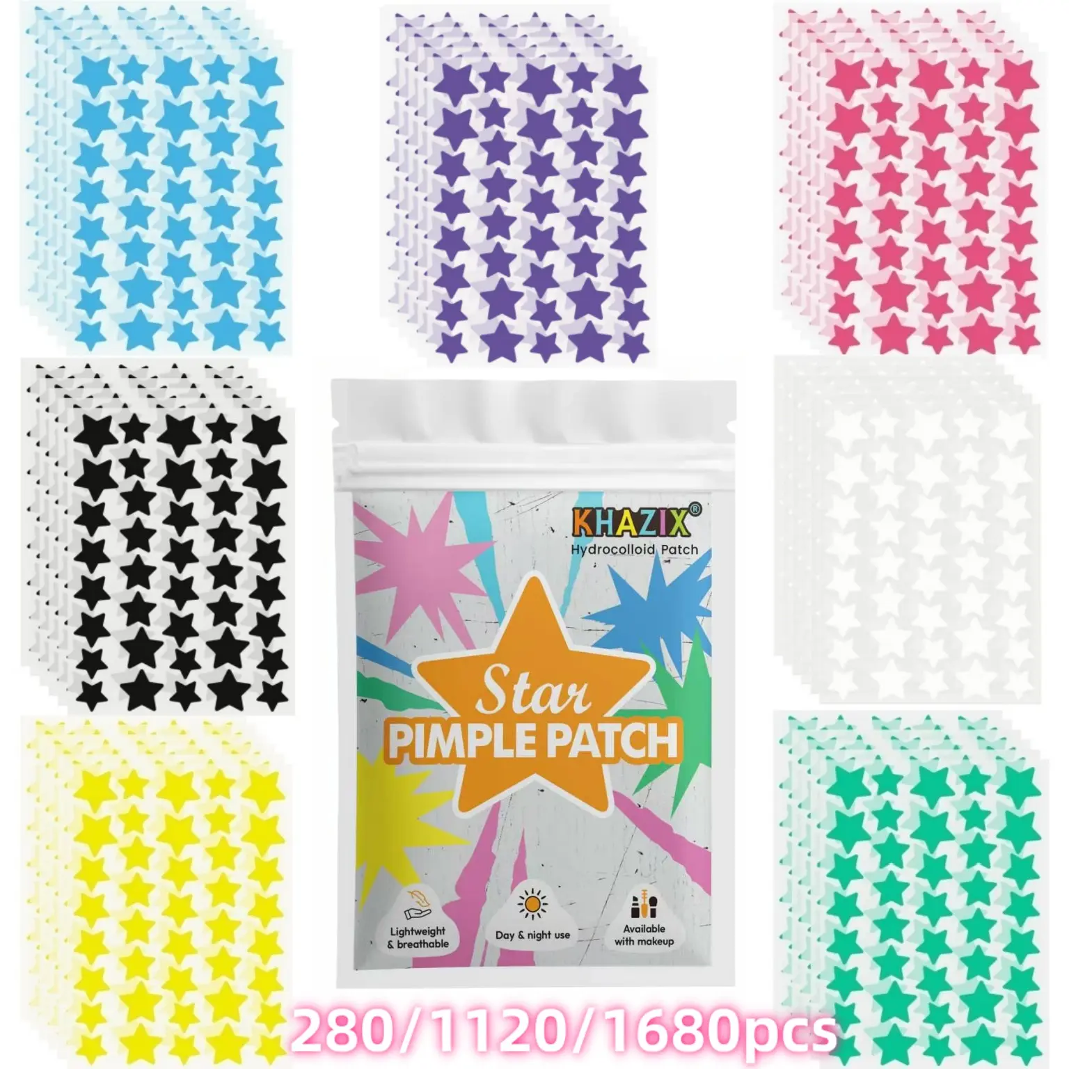 Colorful Star-Shaped Hydrogel Patches, Soft Non-Irritating, Daily Facial Use, Long-Lasting Adhesive, Acne Patches, Personal Care, 280/1120/1680 Pcs