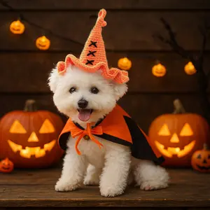 Halloween Cute Knit Pet Witch Hat for Small Dogs & Cats with Orange Accents and Black Cape Perfect for Halloween Costume