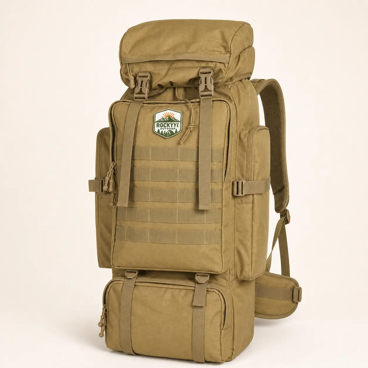 Khaki Multi-Pocket Outdoor Backpack with Adjustable Compression Straps, Padded Carry System and Side Pockets