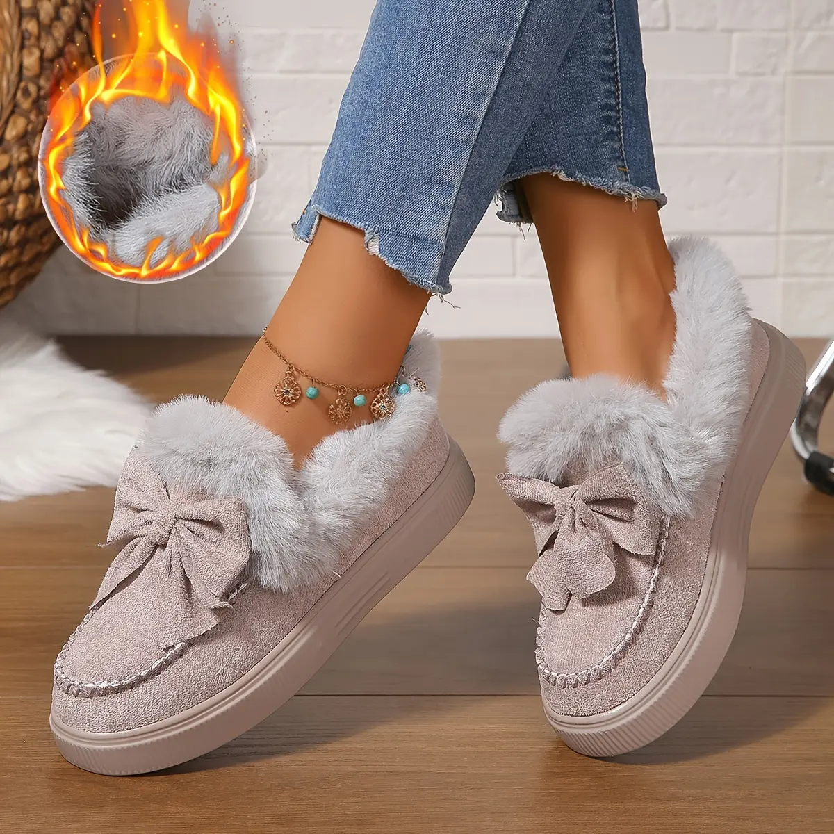 Women's Casual Ankle Booties Shoe - Bow Detail, Fluffy Faux Fur Trim, Solid Color Flat Heel Winter Footwear, Easy Slip-On, Soft Fabric Interior, Lightweight PU Sole, Hand Washable, Taizhou Production Area