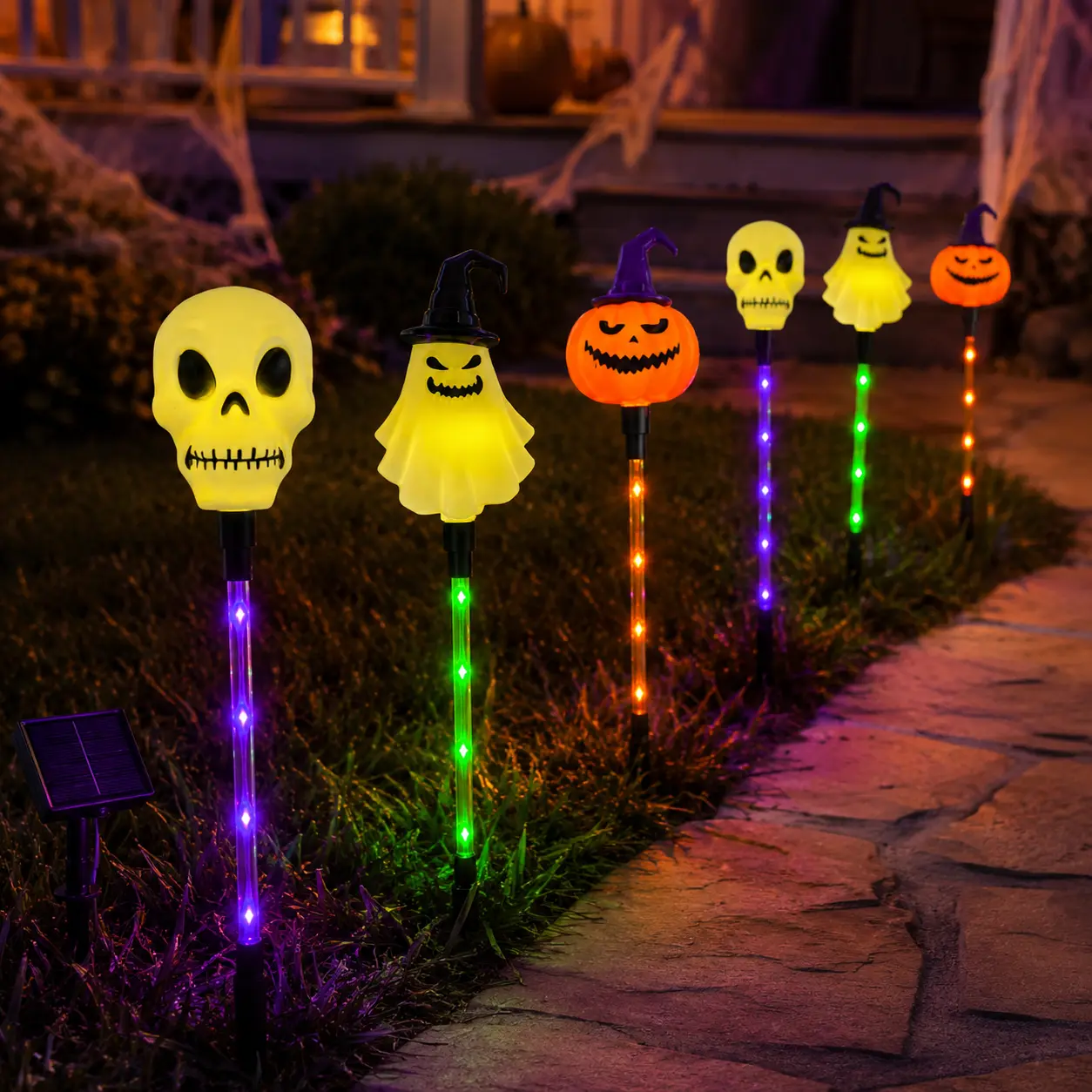 Halloween Solar Path Lights Set (6-Piece) - Outdoor Ghost Faces, Skeleton, Pumpkin Spooky Shapes with Plastic Frame, 8 Lighting Modes, IP65 Waterproof for Lawn, Sidewalk Home & Halloween Decorations