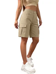 Summer Casual Street Style Commuter Sporty Multi-Pocket Solid Color Slimming Workwear Women Shorts, Loose-Fitting, Pockets, Solid Pattern