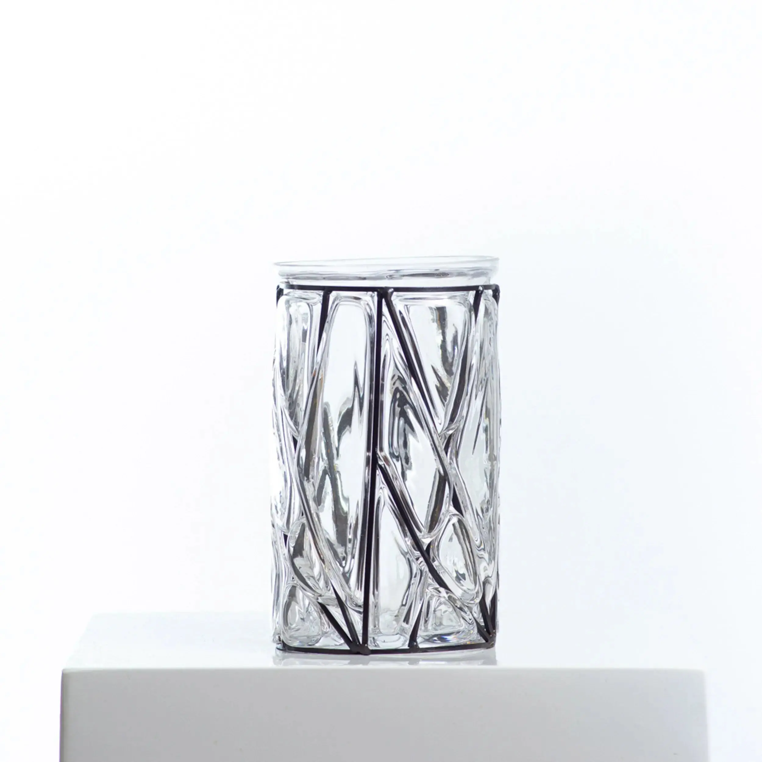 Geometric Molded Glass Vase with Metal Accents - Industrial Modern Style Home Decor, Indoor Flower Arranging & Everyday Use Vase