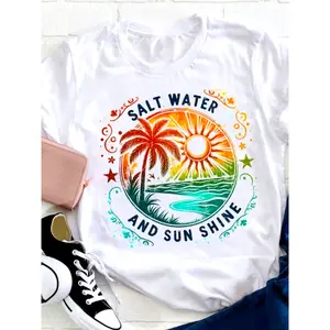 Plus Size, Hello Salt Water And Sunshine Summer Teacher T-Shirt, Women's Casual Round Neck T-shirt