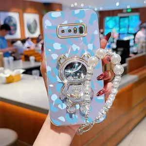Note 8 Fashion Series Pearl Strap Lanyard Phone Holder Case For Compatible With Samsung Galaxy Note 8 Plating Cover and Elegant Blue Luxury Leopard Print Little Bear Protector Cases