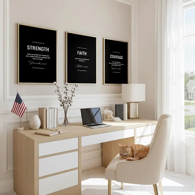 Christian Prints Set of 3, Christian Woman's Art, Home Office Decor, Bible Quote Motivational Black Wall Art Set Artwork Poster