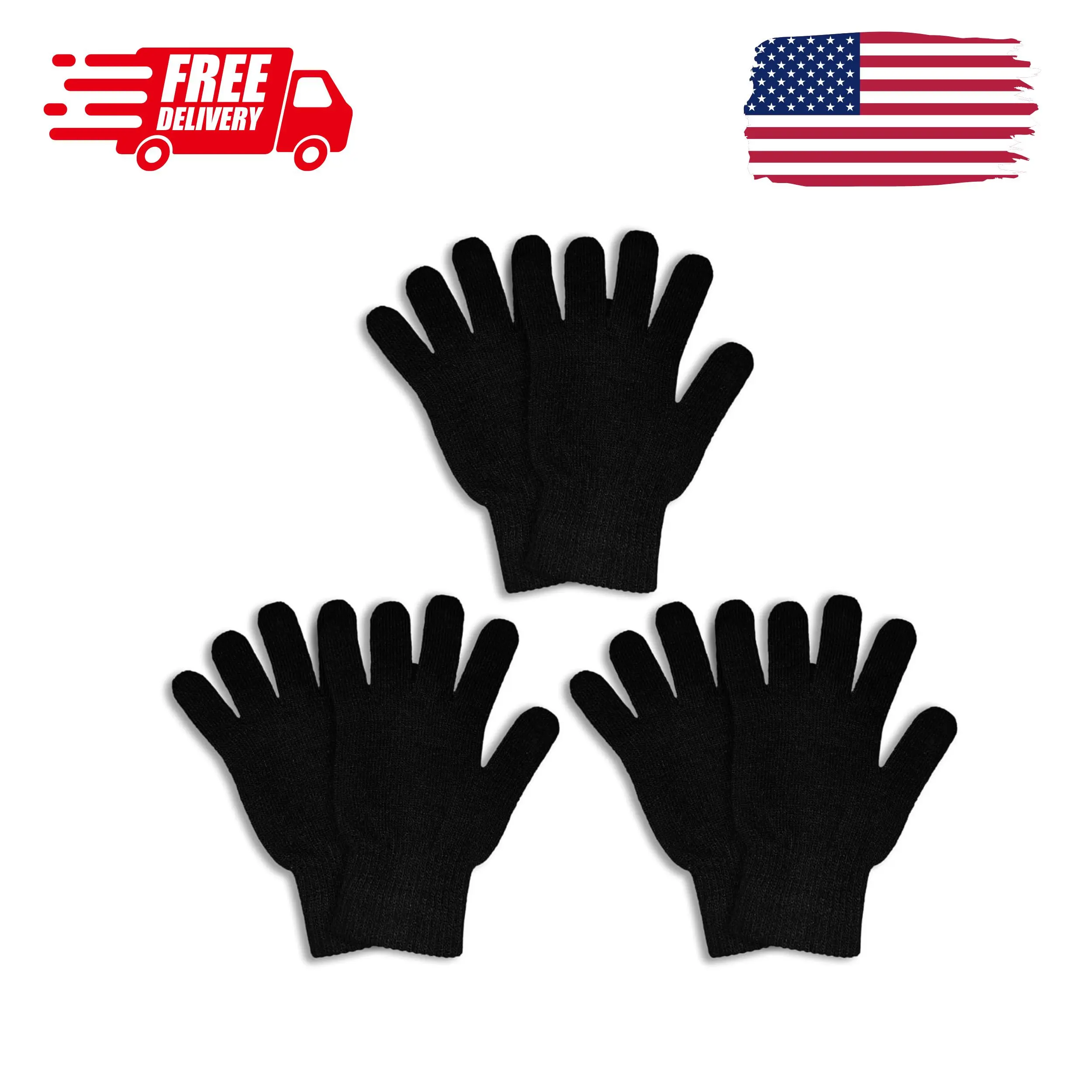 3 Pairs Winter Magic Gloves Adults Warm Knit Gloves Stretchy Unisex Black