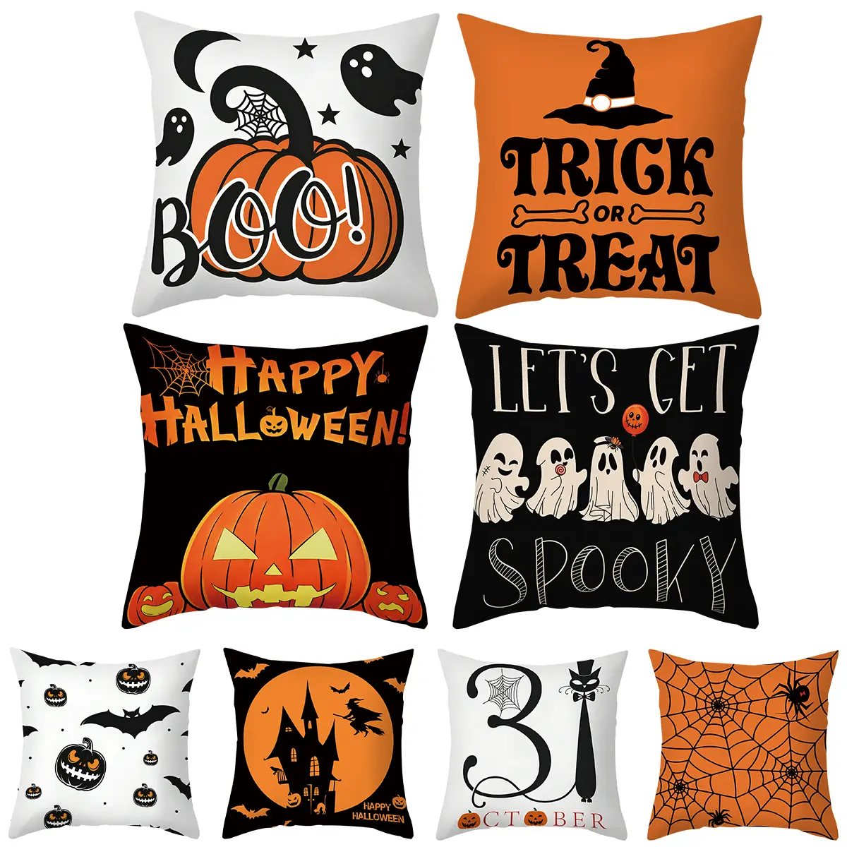 18x18 Inch Set of 4 Halloween Throw Pillow Covers Double Sided Printed Pumpkin Ghost Witch Hat Castle Cushion Cases Decorative Pillowcases for Fall Autumn Halloween Party Home Sofa Couch Bedroom Living Room Decor