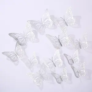 12pcs Luxury Living Room Essential! 3D Metal Hollow Butterfly Wall Stickers, Decorative Wall Sticker, Instant Ambiance with Lights, Home Decor Accessories