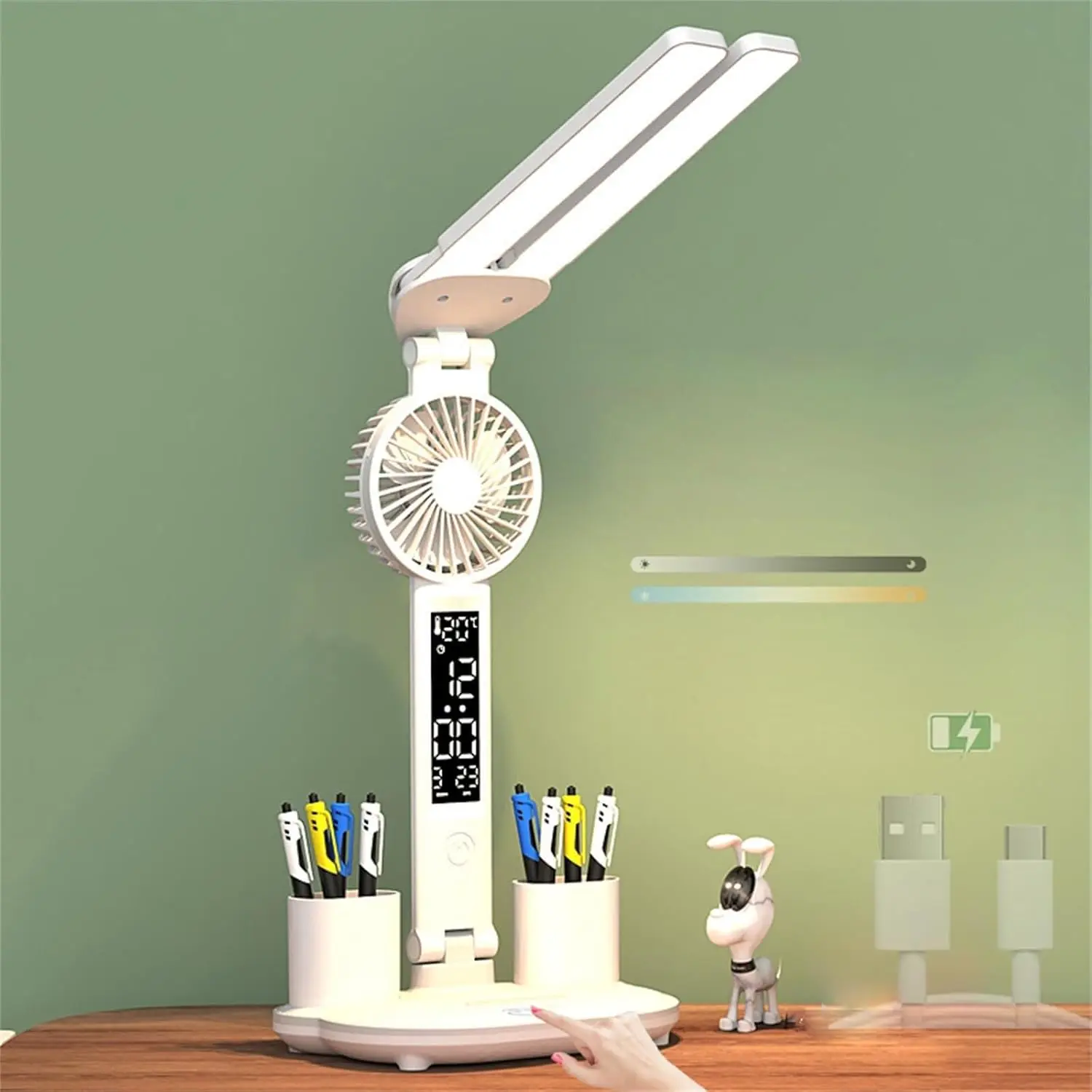 LED Desk Lamp with Fan - USB Power Lamp, Touch Dimmable Warm White, Adjustable Dual Head, Adjustable Lighting Modes, Clock, Date, °C Temp Display, Foldable Pen Holder, Office Desk Accessories for Bedroom Study