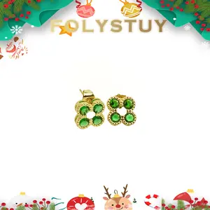 [14mm diameter][FOLYSTUY (C0074/C0075)] Four-petal flower inlaid with green/white gemstone earrings, unisex fashion accessory, Christmas gift