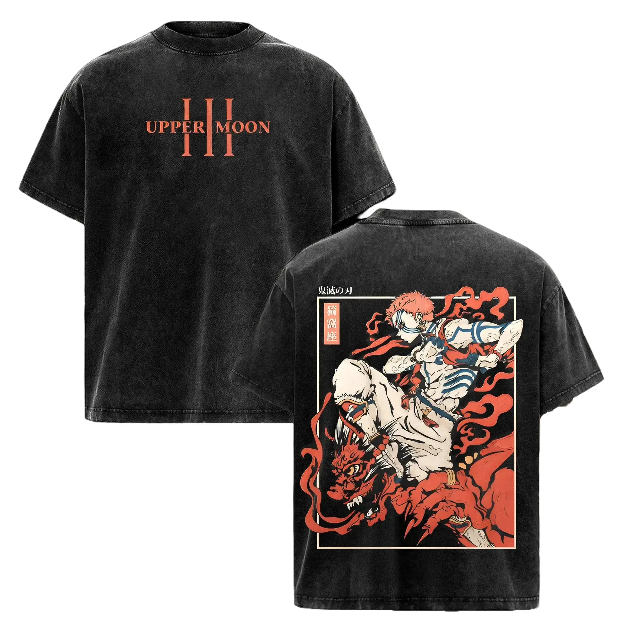 Men's Oversized T-Shirt in Heavy Cotton, featuring a Double-Printed Demon Slayer Akaza Anime Portrait and a Retro Washed Finish, Graphic
