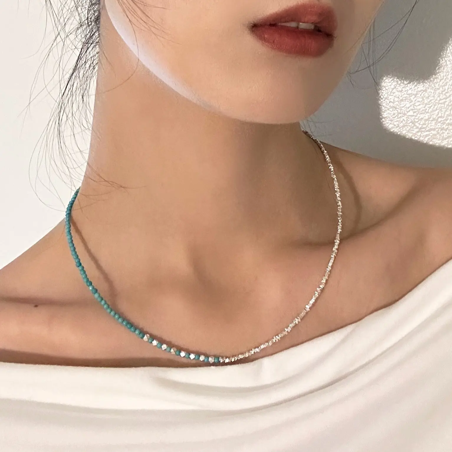 S925 Sterling Silver Green stone Turquoise Necklace, Simple and Versatile, 16" Length
