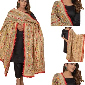 Shawl Raw Silk Handmade Phulkari Dupatta mirror and thread Red Pom pom long