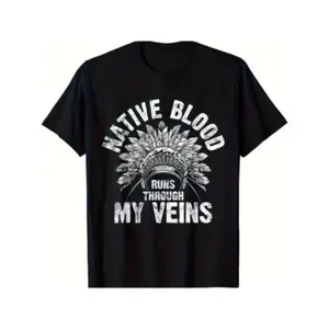 Cotton Short Sleeve T-Shirt Native American Blood Pride T-Shirt - 100% Cotton, Crew Neck, Loose Fit, Animal Applique, Vintage Style, Casual Wear