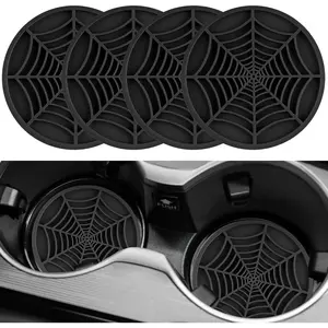 4PCS Spider Web Car Coasters for Cup Holders, Halloween Funny Non-Slip Silicone Insert Ornaments Coasters, Automotive Cupholder Goth Accessories for Men & Women(Black)