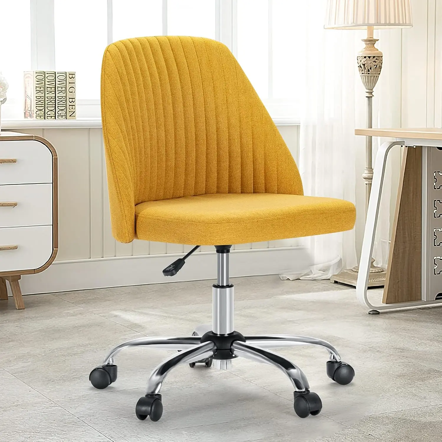 Armless Vanity Chair with Wheels – Height Adjustable Swivel Desk Chair for Bedroom, Dorm, Small Spaces, 250lbs Capacity, Non-Slip Floor-Friendly Casters, Easy Assembly