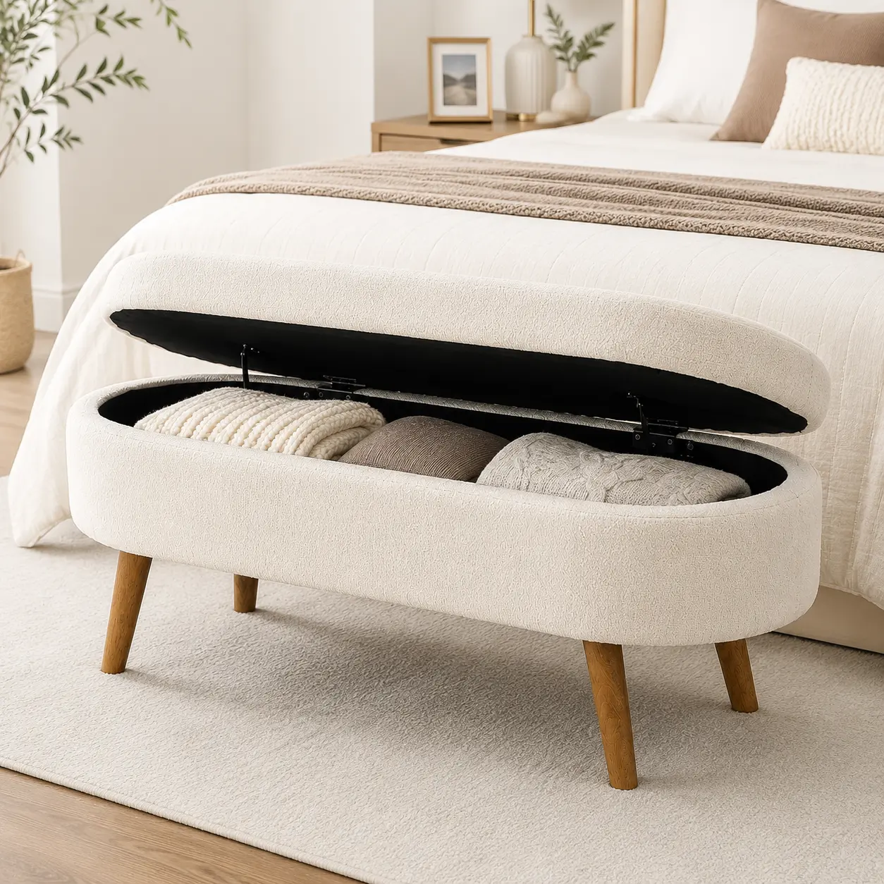43.5" Storage Ottoman Bench, Modern Linen Upholstered End of Bed Bench with Hidden Storage & Safety Hinges, Space-Saving Seating for Bedroom & Entryway, Stylish Home Organization Furniture, 330 lb Capacity