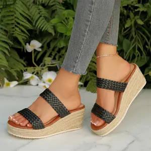 Women's Chic Wedge Heel Sandals Woven Band Platform Slides Ladies' Espadrille Heeled Sandals
