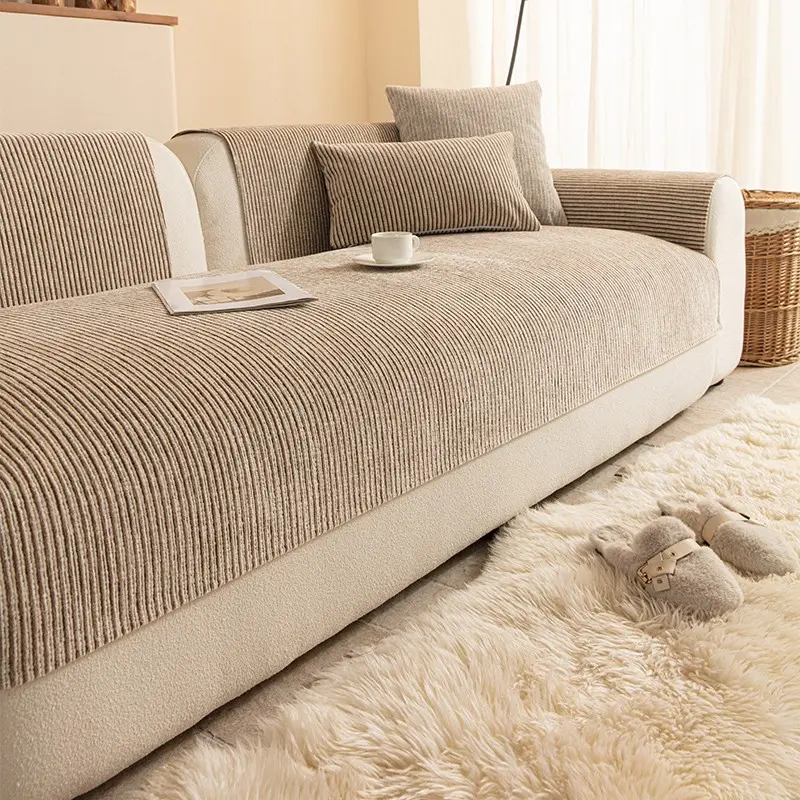 Textured Chenille Sofa Cover, 1 Count Non-Slip Cushion, Modern Simple Style, Textural Contrast, Unique line design enhances home decor, Perfectly suited for living rooms, bedrooms, 100% Polyester, Suitable for single to four-person sofas