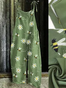 Fashion Bee & Daisy Embroidered Jumpsuit Plus Size Casual Sleeveless Wide-Leg Romper, Y2K Clothes Summer Vacation Outfits, Trendy Bohemian Ensembles, Comfortable Relaxed Fit Casual Jumpsuits, Stylish Detail Party Casual Wear