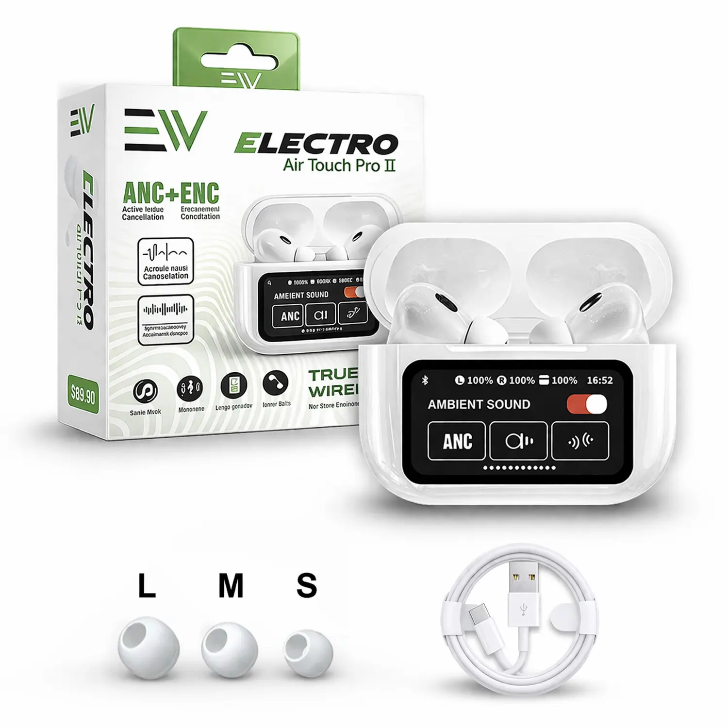 Electronic World Air Touch Smart Display Wireless Earbuds with Touch Screen Charging Case, ANC & ENC, Bluetooth 5.4, In-Ear Headphones