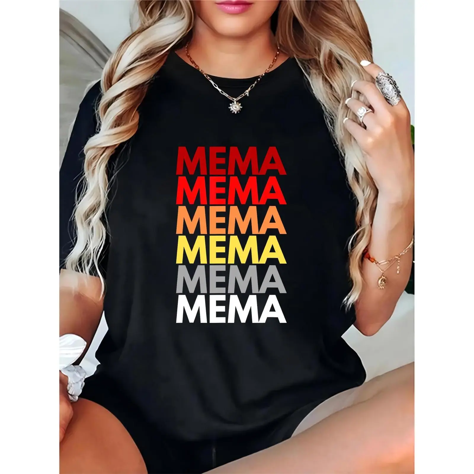 Women’s Black T-Shirt with Repeated 'MEMA' in Rainbow Gradient Colors - Casual Daily Wear, Family Events, Mother’s Day, Comfortable, Shortsleeve, Basic, Fit, Ladies, Breathable, Cotton, Elegant, Essential, Feminine, Tops, Tee