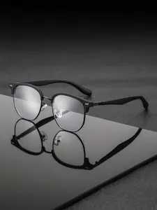 Men's Metal Browline Half Frame Glasses, Classic Vintage Wooden Texture Legs, High-Quality Fashion Eyewear, Business Casual Style, Browline Eyeglass