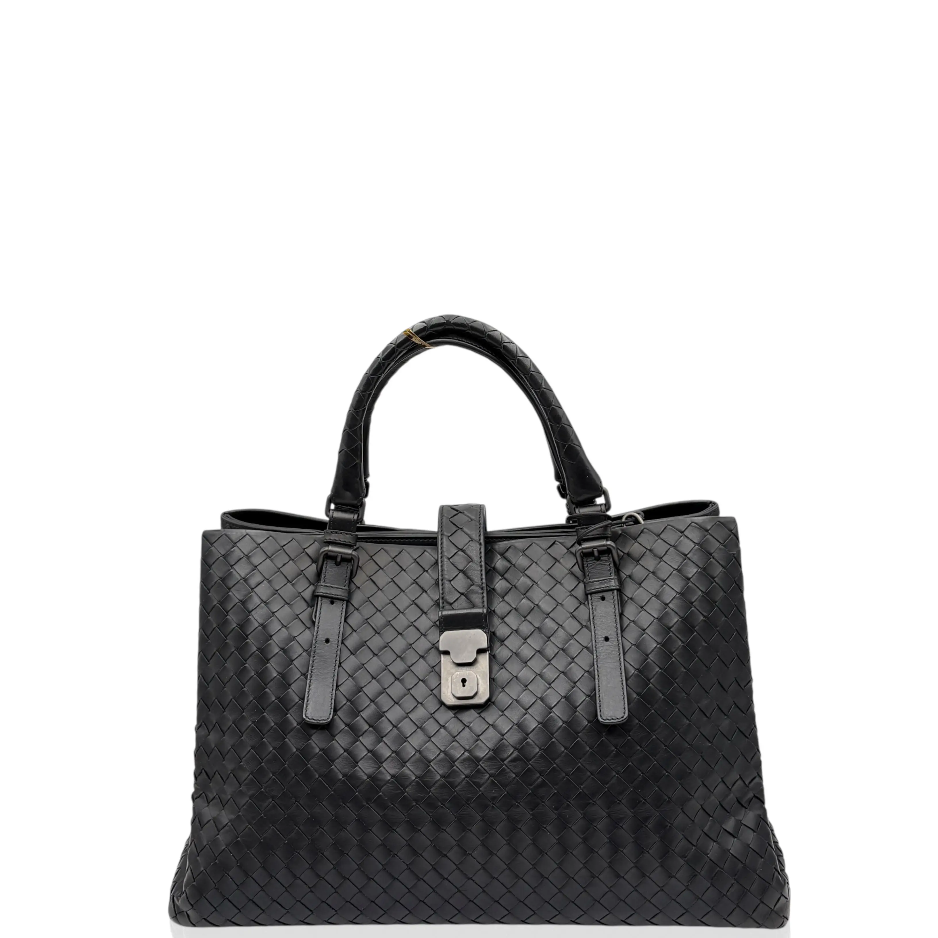 Pre-owned BOTTEGA VENETA Leather tote bags Large Roma Tote Bag Intrecciato Nappa Black (ym030126f1)