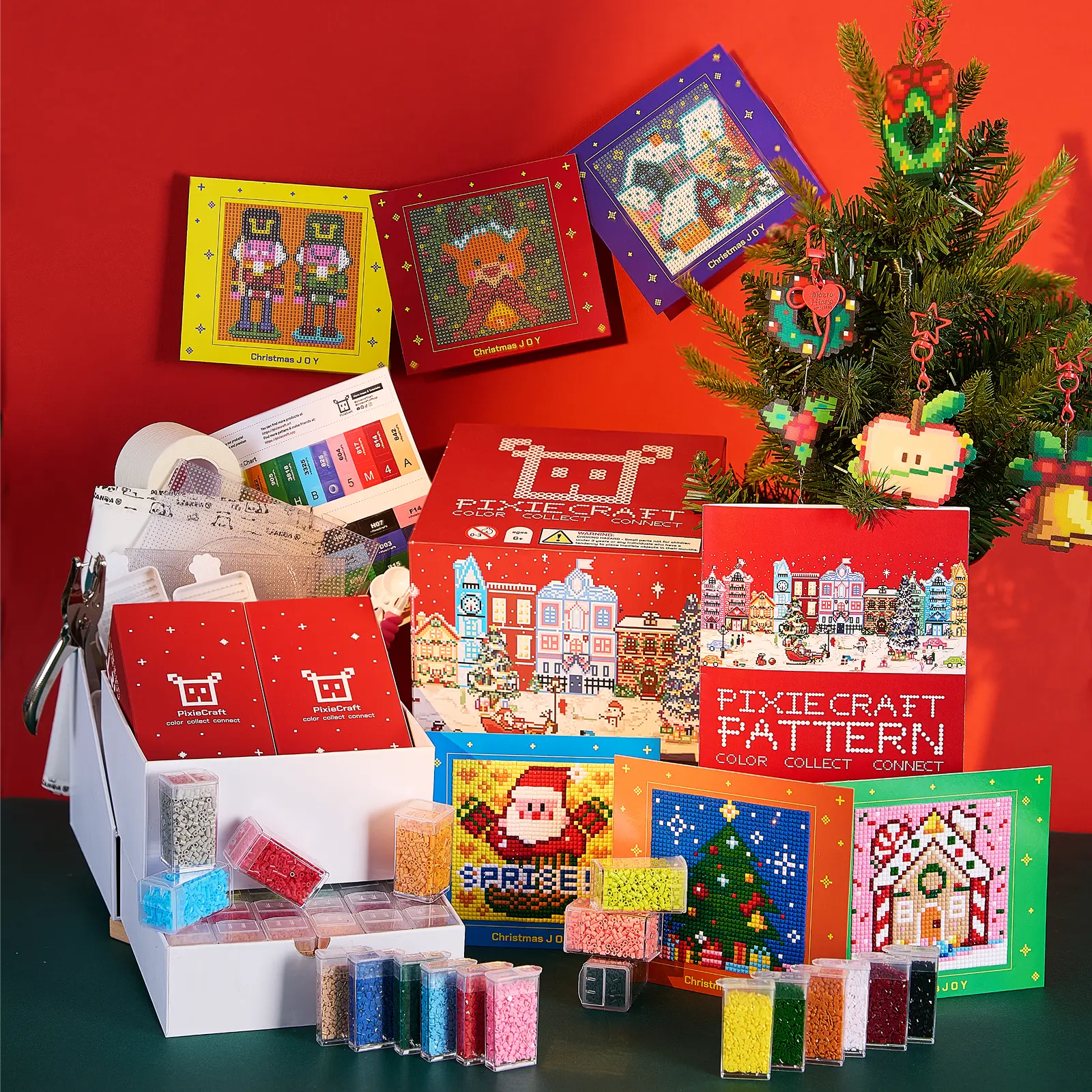 PixieCraft All-in-One Christmas Craft Gift Set, 30 Colors 2.6mm Fuse Beads & 12 Colors Diamond Painting Kit with Original Pattern Book, Mini Iron, 6 Holiday Cards, Pegboards, Tools for Adults, Teens