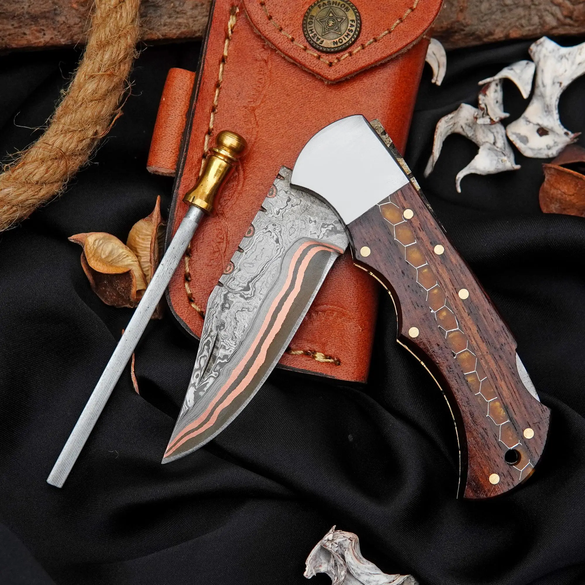 Handmade Copper Damascus Pocket Knife Rosewood Handle Folding Knife with Leather Sheath and Gift Box