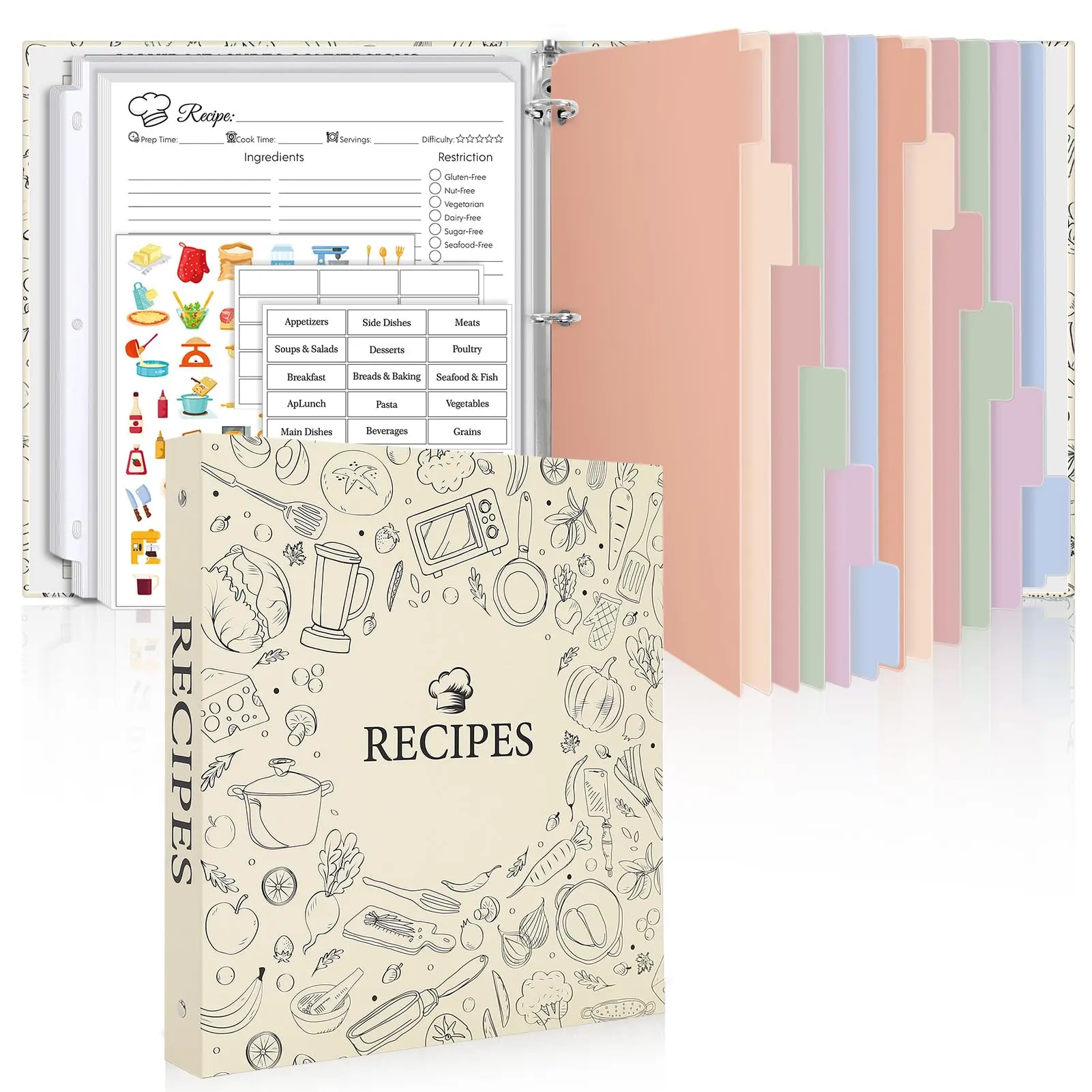 SKYDUE Recipe Binder - 8.5" x 11" 3-Ring Organizer with 60 Sheet Protectors, 12 Dividers, Recipe Journal, Ingredient Lists, Measurement Charts & Tab Labels for Cards