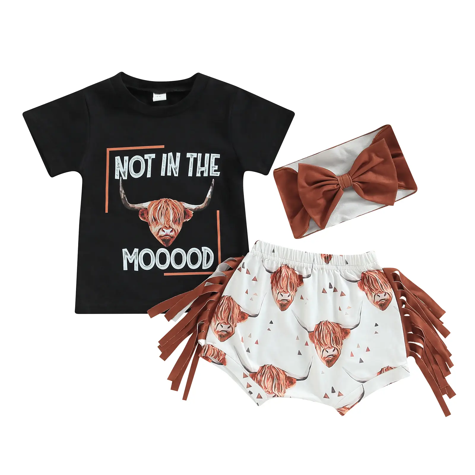 0-3Years Toddler Baby Girl Clothes Western Baby Girl Clothes Letter Short Sleeve T-shirt Top + Tassel Shorts Outfits + Headband 3pcs Set Tees Casual