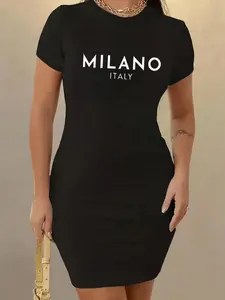 Women's Letter Print Round Neck Bodycon Dress, Casual Short Sleeve Short Dress for Daily Outdoor Wear, Ladies Clothes for All Seasons, Dresses for Women, Clothing, Womenswear Crewneck Shortsleeve, Casual Formal Dress, Bodycon Fit Dress