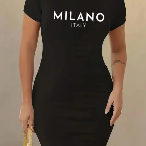 New European and American Women's Fashion Printed Elastic Fitted Dress, Short Sleeve Casual Dress for All Seasons, Plain Surface Unlined Design, Bodycon Stretch Dress, Fitted Clothing