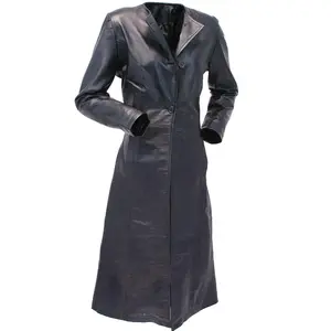 JAMIN LEATHER® Extra Long Lambskin Leather Trench Coat for Women #L14020LL Fitted Basic Minimalist Design with Flared Front & Triple Top Button 47" Length Outerwear
