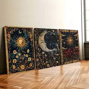 3-piece set of vintage crescent moon and sun plant design canvas paintings, exquisite floral and starry sky themed landscape wall art posters, suitable for modern living rooms, bedrooms, dormitory decoration, perfect gift