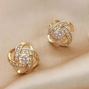 Elegant Vintage-Inspired Purple Rhinestone Four-Leaf Clover Stud Earrings for Women - Zinc Alloy, Perfect for Casual Attire