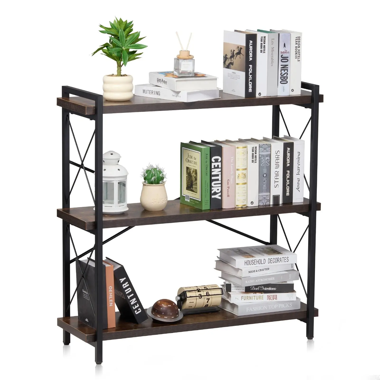 VEVOR 3-Tier Metal Bookshelf - Metal Frame, Open Shelf, Adjustable Foot Pads, Assembly Required, Contemporary Simple Home Library Organizer, Above 25 kg Freestanding Rustic Vintage Display Unit (Living Room Furniture, Book Nook Decluttering Solution)