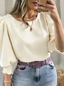 Elegant Casual Women's Blouse with Gathered Sleeves and Round Neck, Comfortable and Stylish Top for Daily Wear, Perfect for Office and Leisure