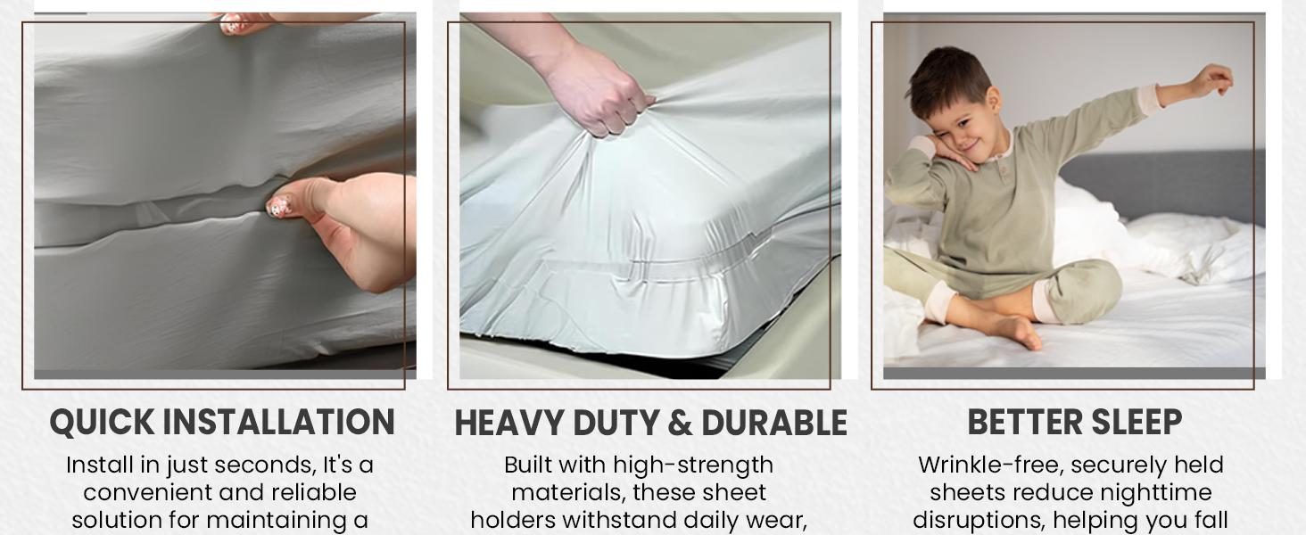 Bed Sheet Fasteners for Fitted Sheets - 4 Pack No Lift Heavy Duty Suspenders, Elastic Bands with Non-Slip Grips, Keep Mattress Cover from Coming Loose (White & Grey, 2 Each)