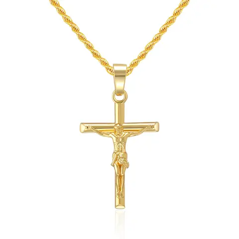【Father's Day Gift】18 Karat Gold Plated Crucifix Cross Necklace for Adults, 3mm 18"-24" Rope Chain, Spiritual Christian Cross Graphic Necklaces, Fashion Costume Jewelry Accessory, Cross Necklaces, Spiritual Jewelry