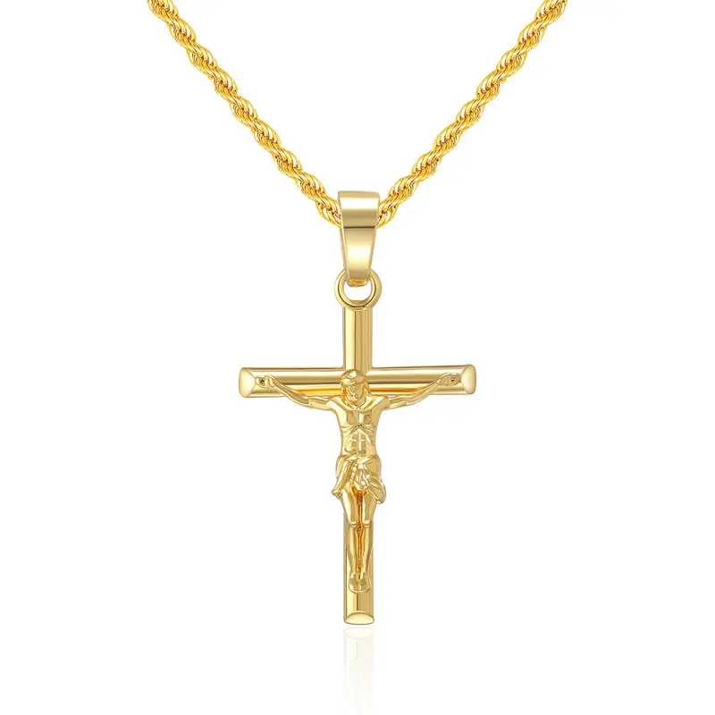 【Father's Day Gift】18 Karat Gold Plated Crucifix Cross Necklace for Adults, 3mm 18"-24" Rope Chain, Spiritual Christian Cross Graphic Necklaces, Fashion Costume Jewelry Accessory, Cross Necklaces, Spiritual Jewelry