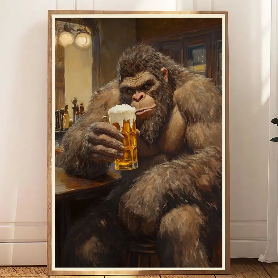 Bigfoot Sasquatch vintage poster, Funny Bigfoot in the Bar Print, Animal Lover Wall Art, Hunting Season Decor, Unique Gift for Dad Men Hunters