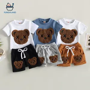 Kids Toddler Boy Clothes Outfits Bear Print Tee + Plaid Shorts 2 Pieces Summer Shorts Set
