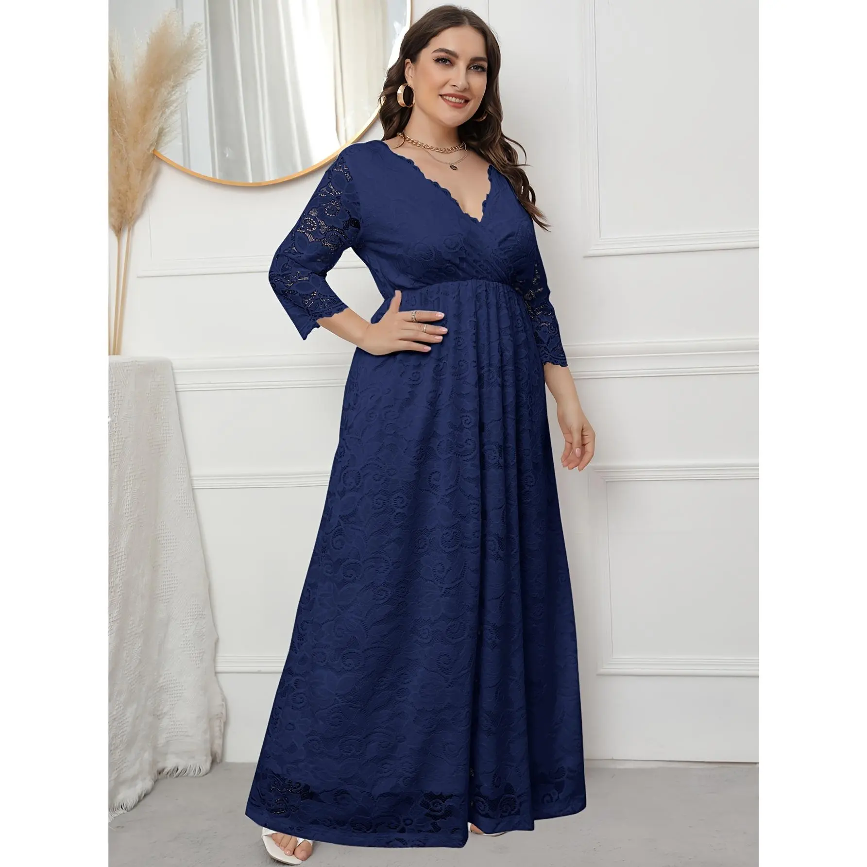Elegant Plus Size Lace Bridesmaid Dress with V-Neck and 3/4 Sleeves - Stretchy, Machine Washable, Perfect for Weddings, Wedding Dress