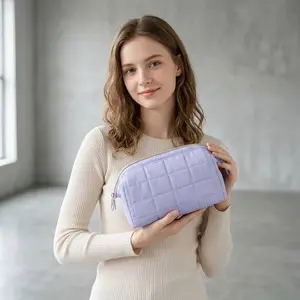 Puffy Padded Toiletry Bag for Women Quilted Makeup Bag Wide Open Cosmetic Pouch with Zipper – Spacious Travel Organizer for Travel
