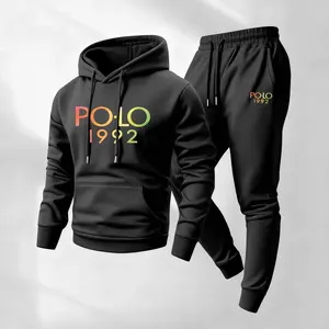 Men's Polo Pattern Print Hoodie Set, 2 Piece Tracksuit with Drawstring Sweatpants, Casual Athletic Long Sleeve Hooded Jacket and Joggers, Fall Winter Sportswear Outfit for Daily Wear, Indoor Outdoor Gym Streetwear Athleisure Clothing